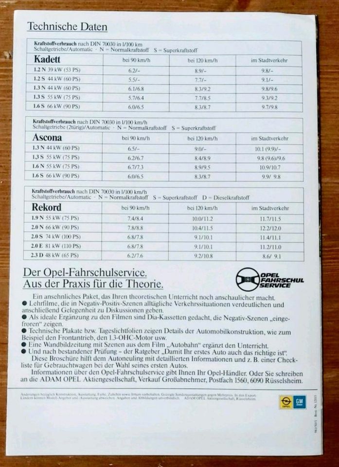 Prospekt Fahrschule Opel Kadett D Ascona C Rekord E E1  1981 in Hannover