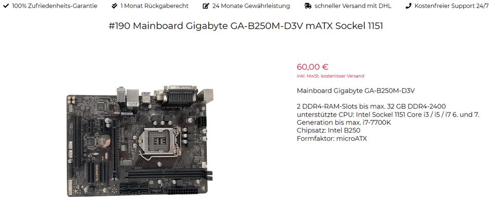 #190 Mainboard Gigabyte GA-B250M-D3V mATX Sockel 1151 in Hünxe