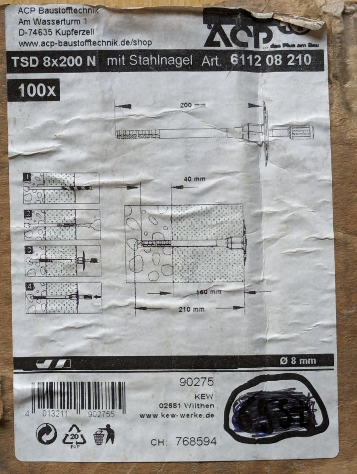 Tellerdübel, Thermoschlagdübel TSD 8x200mm, Stahlnagel - 25 St. in Bergisch Gladbach