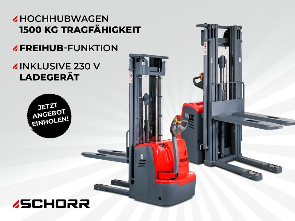 SCHORR Hochhubwagen Elektro Pro 1500kg Tragkraft 5m Hubhöhe Freihub Gabelstapler Hubwagen Stapler in Schüttorf