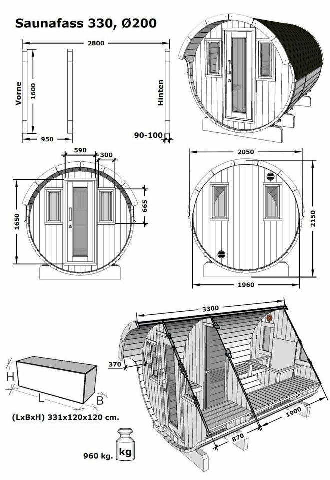 Saunafass 330 cm Fasssauna Thermoholz Saunakabine Sauna Fass in Hahn am See