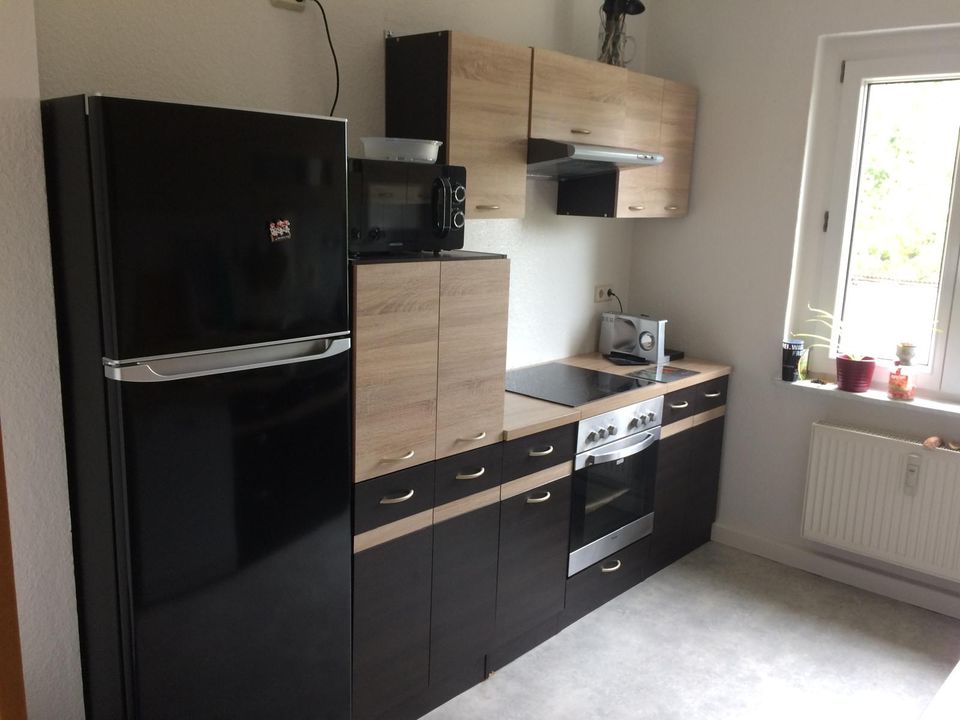 Moderne Küche mit dunkler Holzoptik mit Elektrogeräten in Falkenberg/Elster