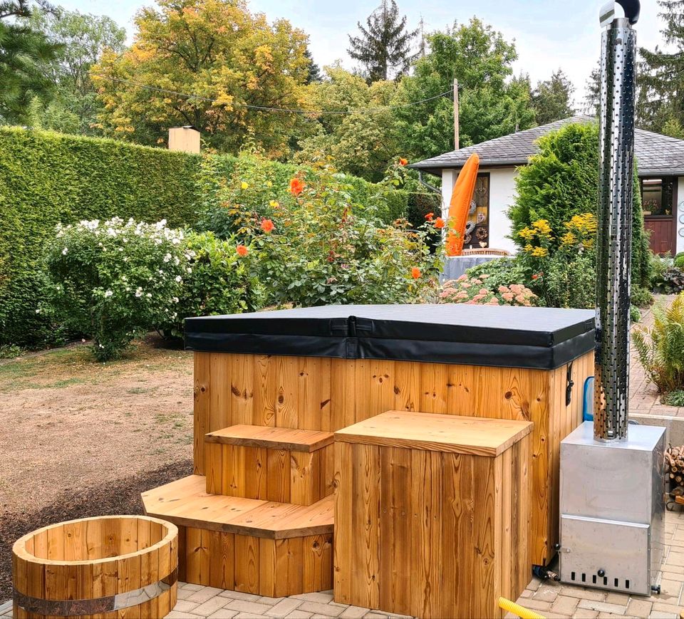 Hottub 2,0x1,70 Badezuber 35kW Außenofen Pool Whirlpool Hot Tub Badefass Holzofen Viereckig Zuber Fasssauna Garten Brennholz Sauna Quattro Badebottich Badebecken GFK Einsatz Fass Outdoor Schwimmbecken in Radebeul