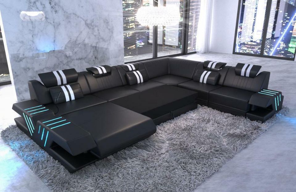 Stoff Sofa Wohnlandschaft Venedig XXL Couch mit Ottomane LED in Berlin