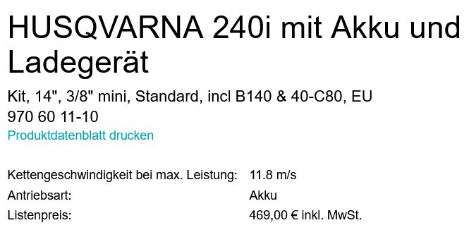 HUSQVARNA Akku Kettensäge 240i mit Akku und Ladegerät in Stemwede