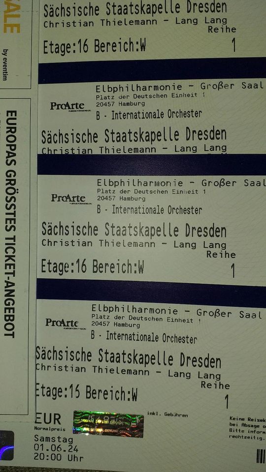 Elbphilharmonie Lang Lang 2/4 Karten zu verkaufen 01.06.2024 in Hamburg