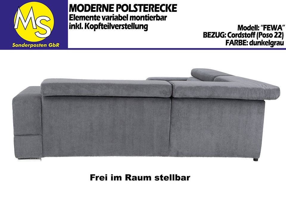 Sofa Couch Wohnlandschaft L Form Cordstoff dunkelgrau in Mettingen