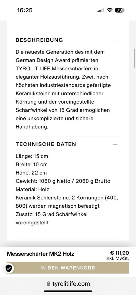Tyrolit Design Messer Schleifstein MK2 Messerschärfer in Nordendorf