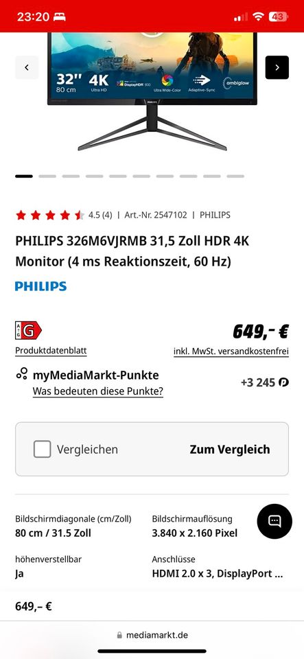 Philips 326M6VJRMB - 32 Zoll  4K UHD Gaming Monitor in Leipzig