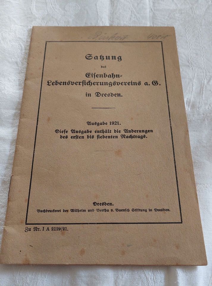 Satzung Eisenbahn-Lebensversicherungsvereins Dresden, 1921 in Wittgensdorf