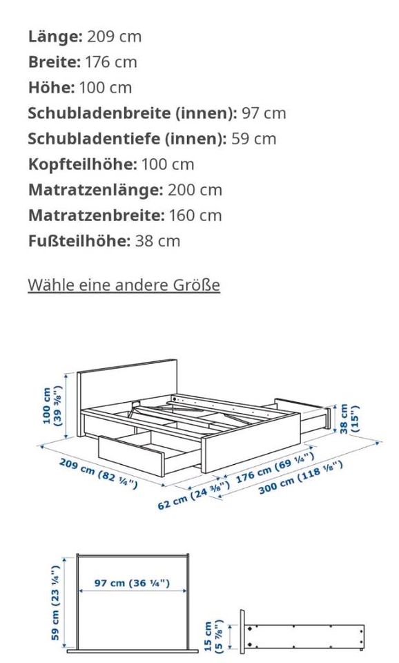 Stauraumbett Bett Malm IKEA 160x200 Eiche m. 4 Schubladen in Kirchardt