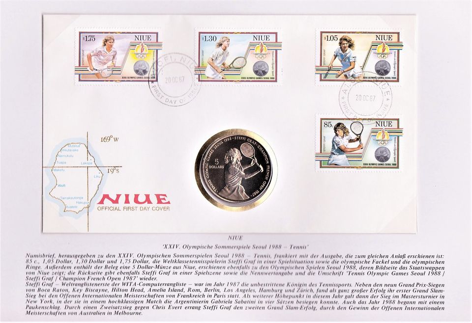 Numisbrief Steffi Graf zur Olympiade Seoul 1988 mit 5 Dollar-Münz in Kleinrinderfeld