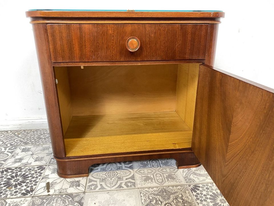 WMK Hübscher & sehr gut erhaltener Mid-Century Nachttisch aus vollem Holz mit Schublade & abnehmbarer Glasauflage # Nachtschrank Nachtschränkchen Nachtkommode Kommode Beistelltisch Vintage Retro in Berlin