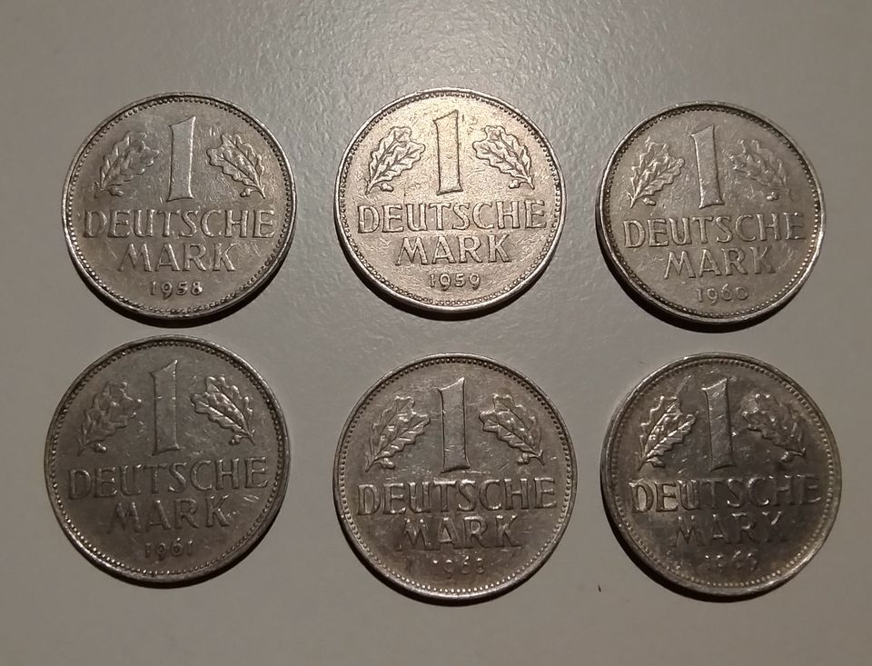 1 DM Deutsche Mark, 1958,1959, 1960, 1961, 1968,1969, 6 Stück in Ilmenau