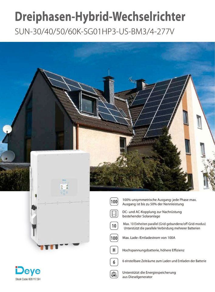 DEYE Solar 50kW Hybrid-Wechselrichter für Hochvolt-Batterie Notstromfähig TYP: SUN-50K-SG01HP3-EU-BM4 in Seesen