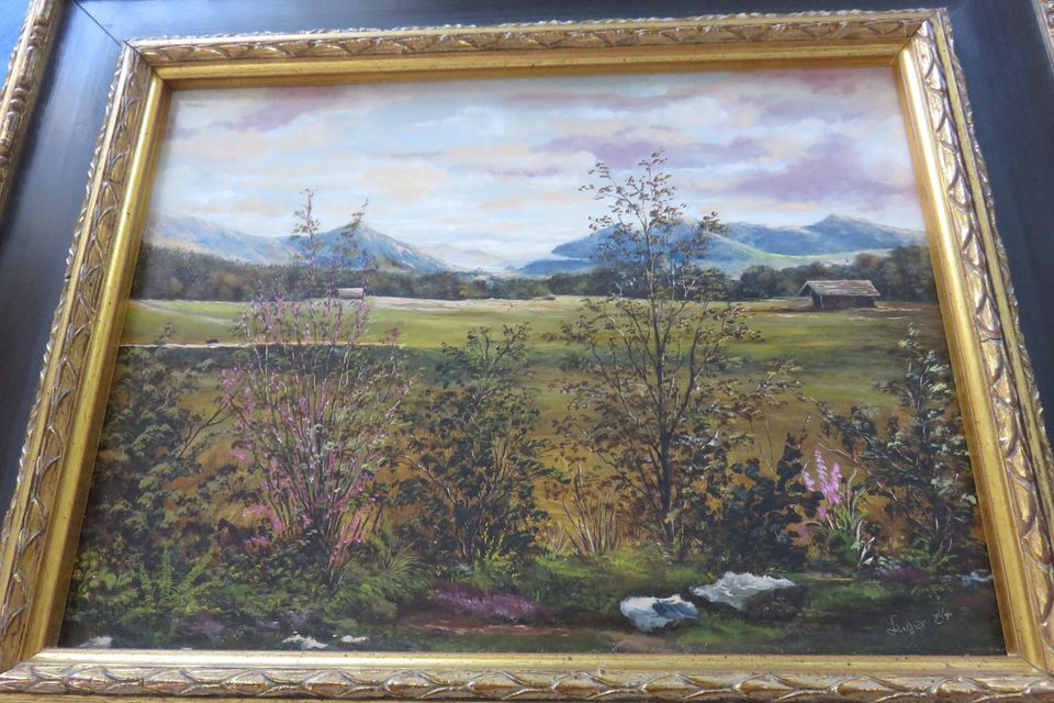Älteres Öl Bild Gemälde Landschaft auf Holzplatte gemalt in Eging am See