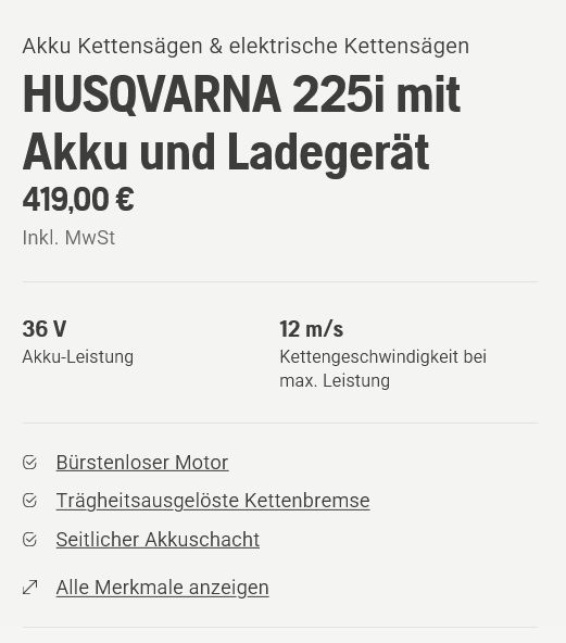 HUSQVARNA Akku Kettensäge 225i mit Akku und Ladegerät in Stemwede