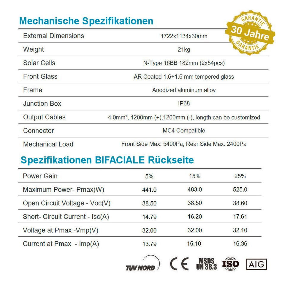 430W Bifacial TOPCon Glas-Glas N-Type Solarmodule PV Modul in Lübeck