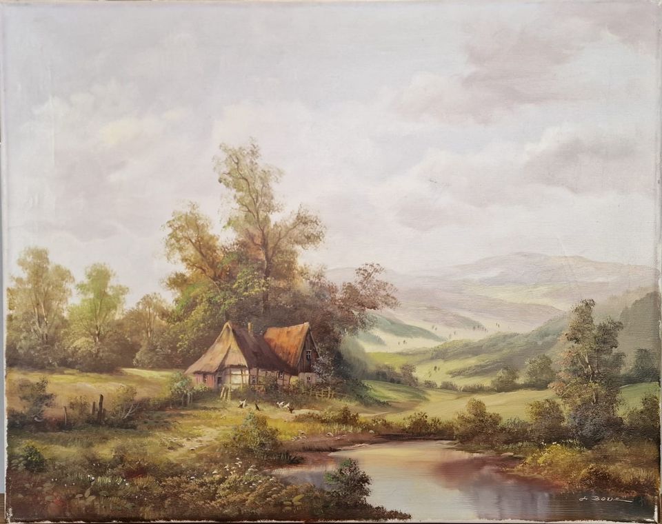 Altes Ölgemälde Gemälde auf Leinwand, Talblick, Tiere, Landschaft von Bode 50 x 40 cm in Holzgerlingen