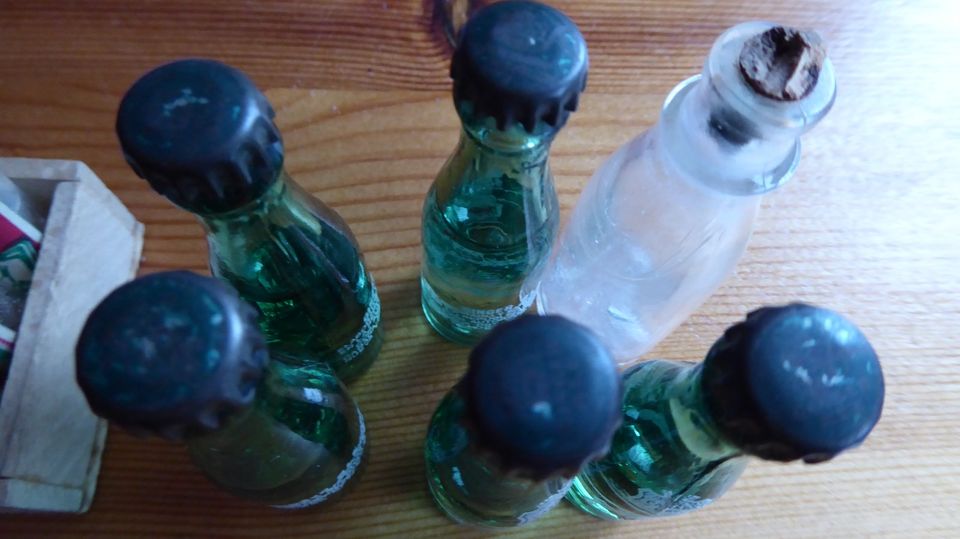 alter Kaufladen Puppenstube Glas und Plasteflaschen im Kasten in Herbsleben