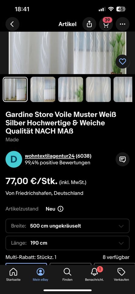 Gardinen weiß 500x190 cm Silber abgesetzt in Hildesheim