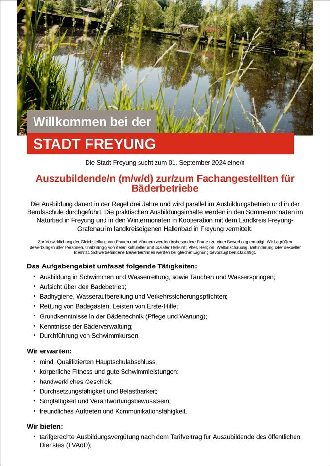 Auszubildende/n (m/w/d)zur/zum Fachangestellten für Bäderbetriebe in Freyung