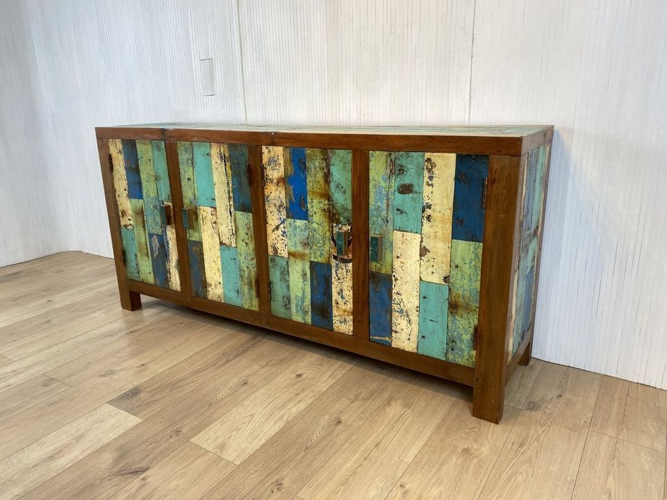 Boatwood by WMK # Farbenfrohes und detailreiches Sideboard (180cm), ein aus altem Bootsholz handgefertigtes Unikat aus massivem Teakholz # Kommode Schrank Anrichte TV-Board Wäschekommode Bootsmöbel in Berlin