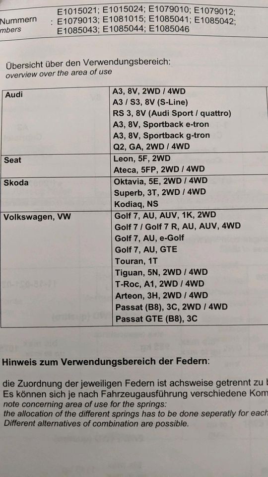 Eibach Tieferlegungsfedern mit ABE Audi, Seat, Skoda, VW in Ehekirchen