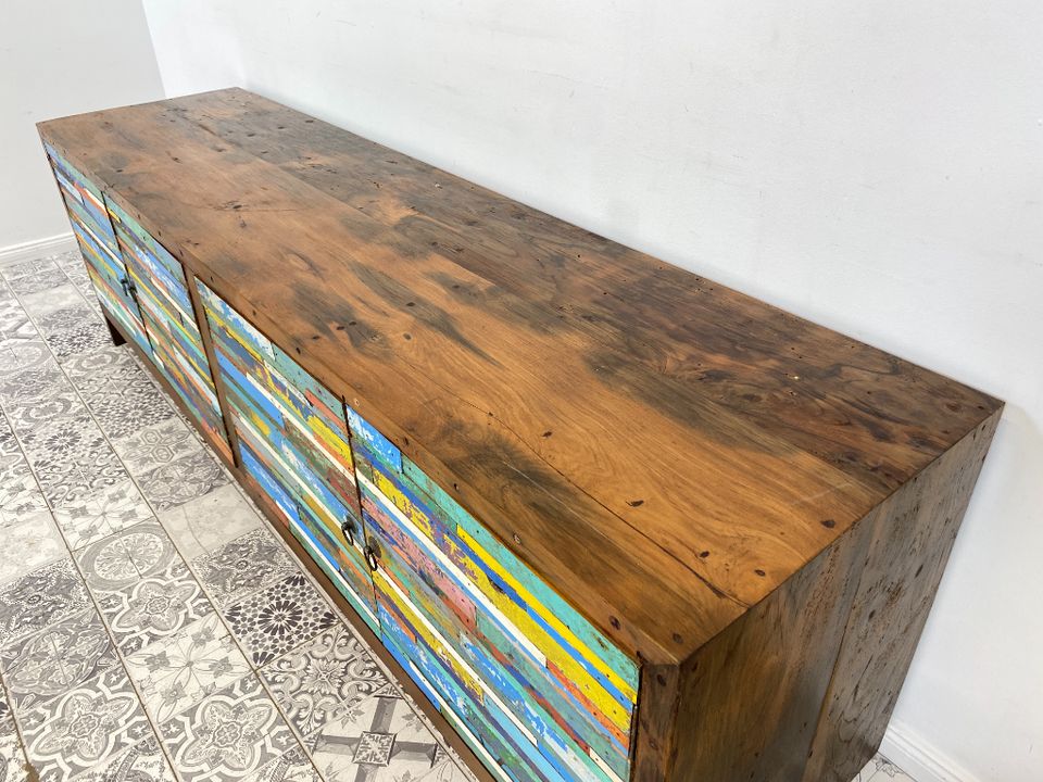 Boatwood by WMK # Besonders schönes 200cm Sideboard aus altem Bootsholz, ein handgefertigtes Unikat aus massivem Teakholz # Kommode Schrank TV Fernsehschrank TV-Lowboard Board TV-Bank Bootsmöbel Teak in Berlin