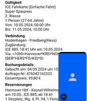 DB Ticket Hodenhagen-Friedberg(Hess) ICE 10. Mai um 17:29 Wandsbek - Hamburg Eilbek Vorschau