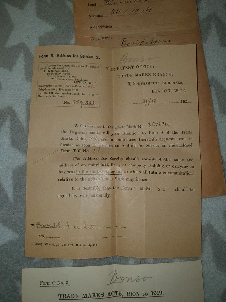1914: Patent Anmeldung Providol Gmbh Berlin in Kolbermoor