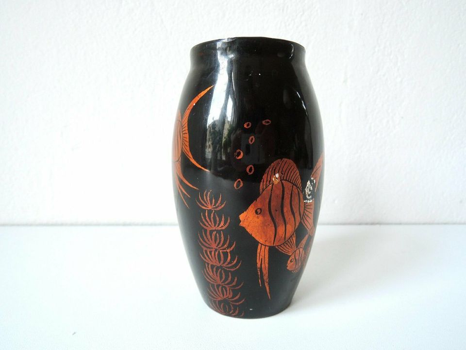 Blumenvase Vase Skalare Fische Keramik Schwarz Kupfer 70er in Berlin