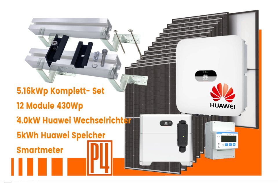 P4 Komplettset 5.16 kWp Solar, Photovoltaik, WR, Speicher, UK in Bubesheim