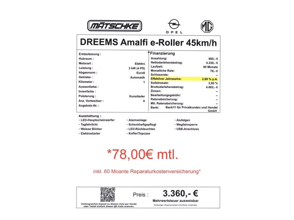 DREEMS Amalfi e-Roller 45km/h 1 Akku herausnehmbar, ink in Dresden