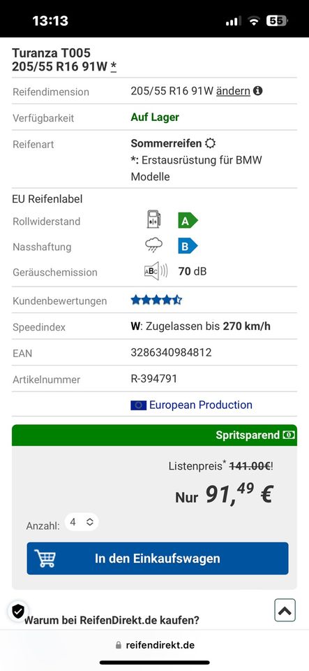 205/55R16 Bridgestone Turanza Sommerreifen auf BMW 1er Alufelgen in Wiesbaden