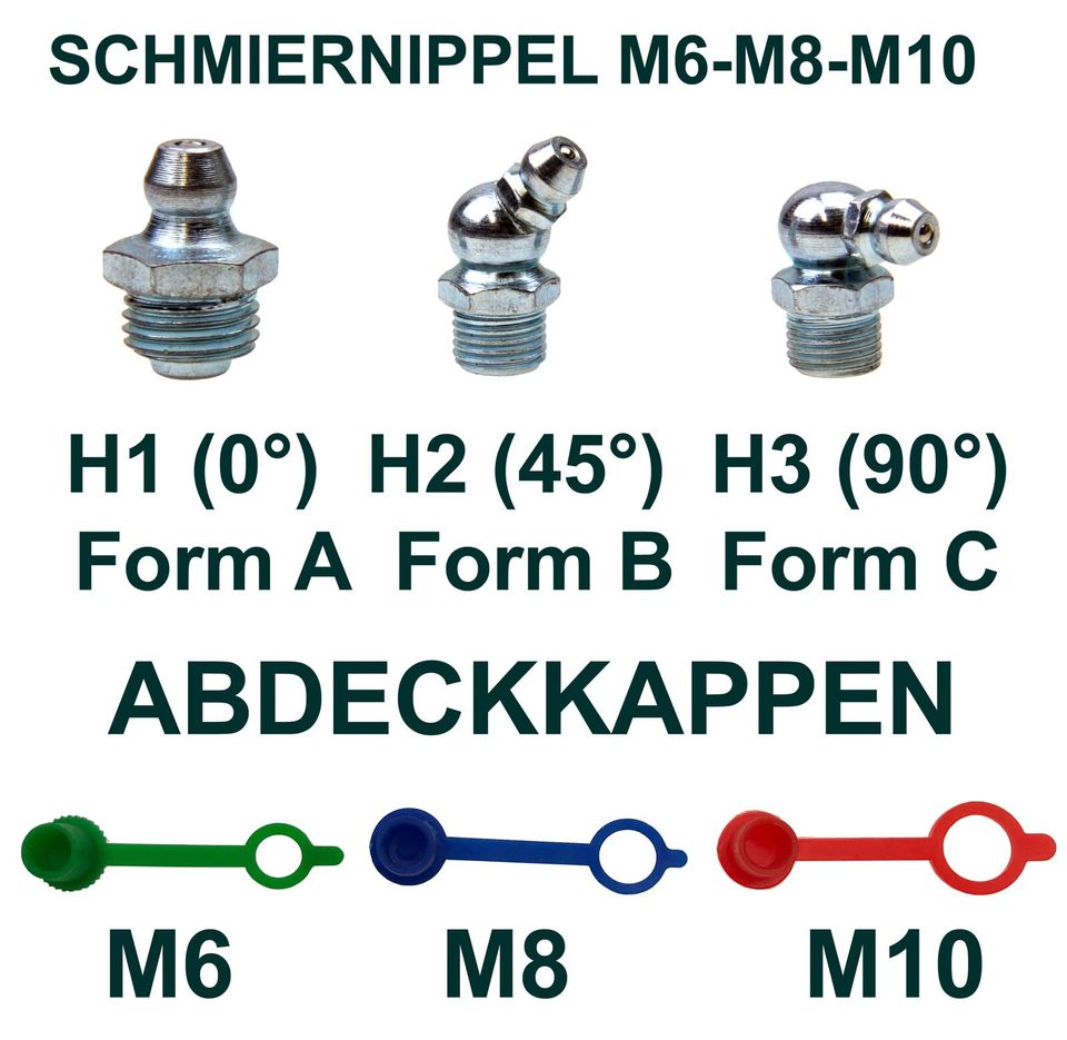 Schmiernippel + Schutzkappen M6 M8 M10 0 45 90° Abdeckkappen Satz in Remscheid