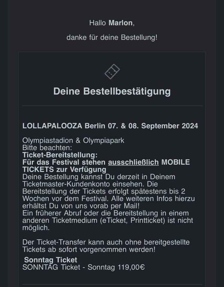 Lollapalooza Berlin Regular Day Ticket Sunday/ Sonntag 8.9.2024 in Wiesbaden