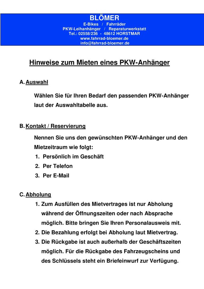 *** PKW-Anhänger 1,6to mieten leihen (Nr.4) *** in Horstmar