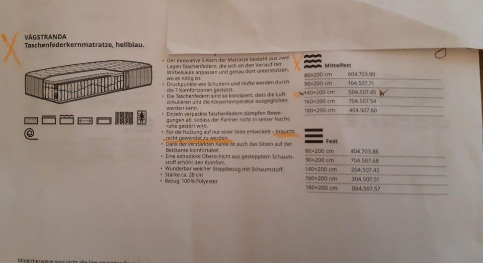 Matratze 1,40x2 m*28 Höhe*399 € *Ikea,Ta-fe-kern,7-Zonen 30974 in Wennigsen