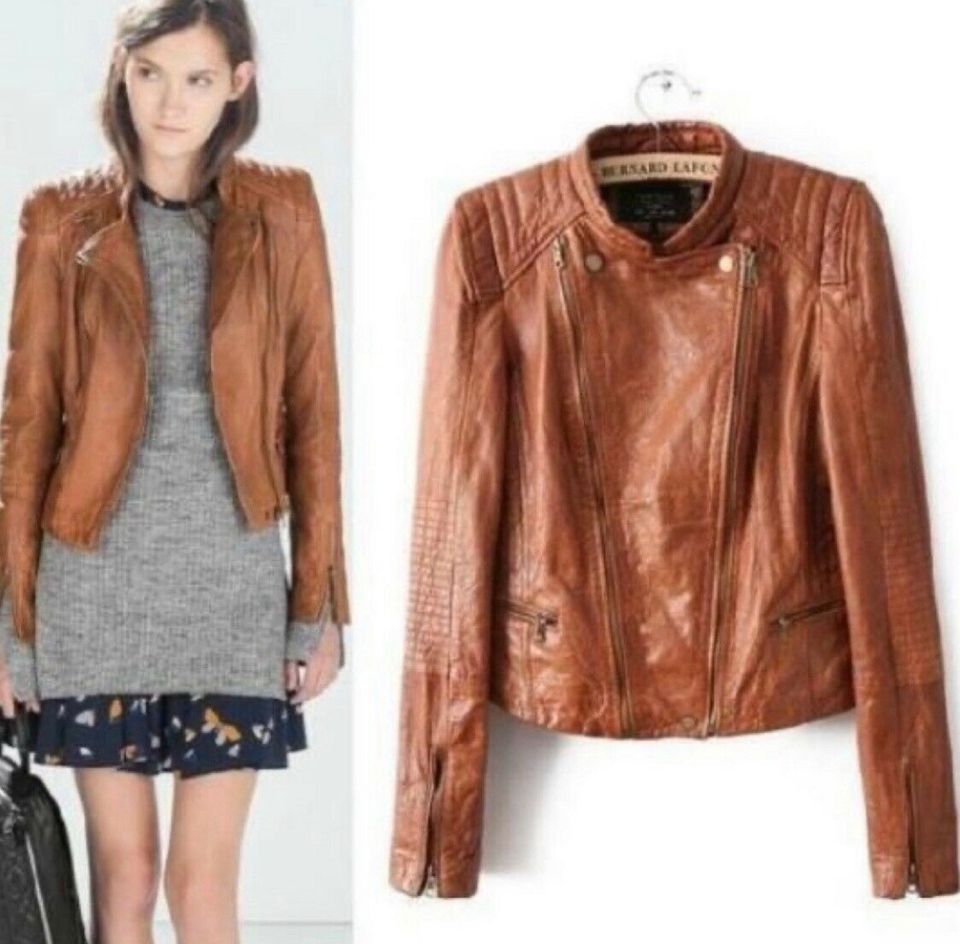 Zara Lederjacke Bikerjacke Echtleder XS S M 34 36 cognac braun in Selm