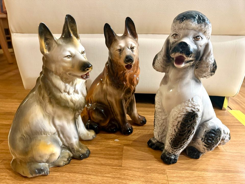 3x Vintage Porzellan Hunde Deko ca. 35cm hoch
