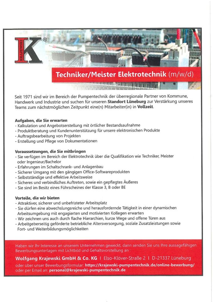 Wir suchen Dich, einen Techniker / Meister Elektrotechnik ! in Lüneburg