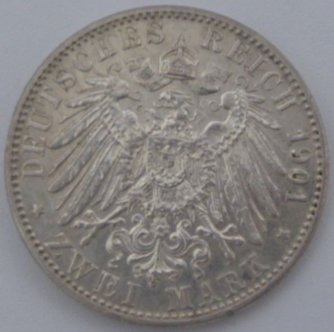 2 Mark Silbermünze J. 28, Friedrich I von Baden, 1901 G, vz in Tübingen