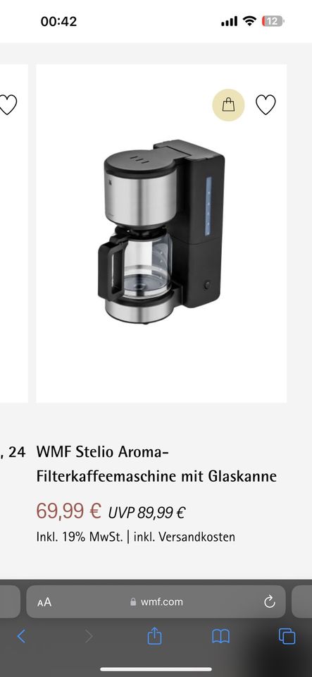 WMF Filterkaffeemaschine mit Glaskanne in Duisburg