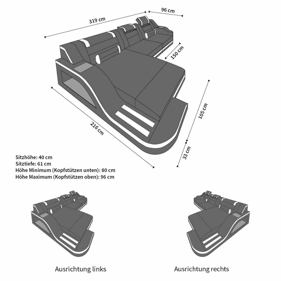 Leder Sofa Eckcouch Palermo LED Beleuchtung modernen Kopstützen in Berlin