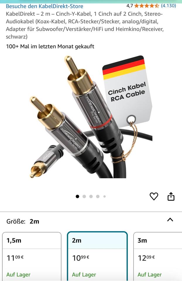Cinch-Y-Kabel 2 m, KabelDirekt, 1 Cinch > 2 Cinchkabel, neuwertig in Hamburg