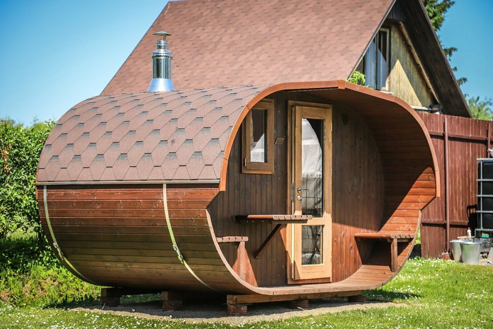 Fasssauna Thermoholz LUX 3,50x2,30 Fass Sauna OVAL Gartensauna in Stuhr