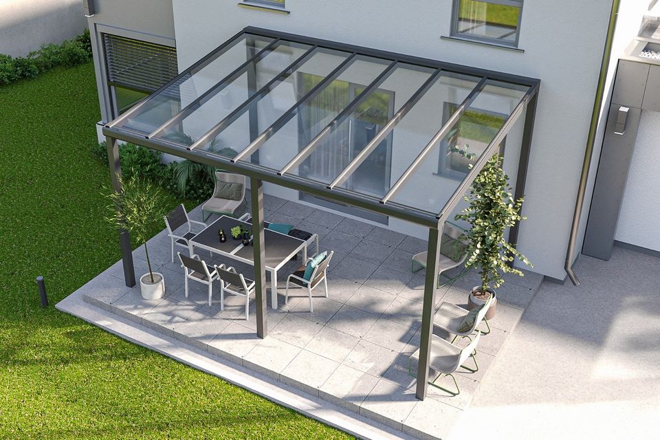 Alu-Terrassenüberdachung Glasdach 3 x 4m VSG Glas inkl. Montage in Stein