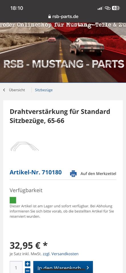 Drahtverstärkung für Standard Sitzbezüge, Mustang 65 66, NEU OVP in Düsseldorf