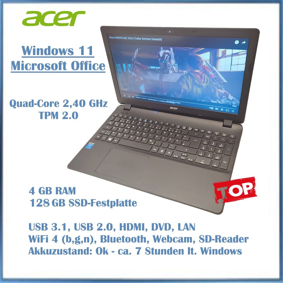 Acer, Win 11, 128 GB SSD, 4 GB RAM, TPM 2.0, Office, Akku Ok in Nürnberg (Mittelfr)